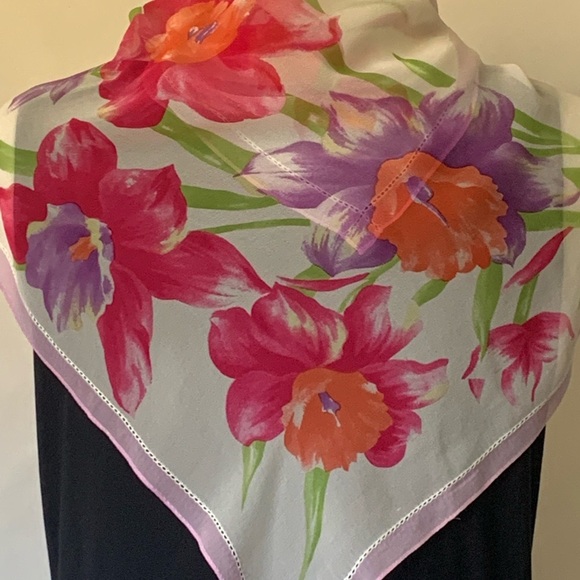 Ralph Lauren Silk Scarf Chiffon Soft Delicate Floral Embroidered 32" Vintage - Picture 3 of 12